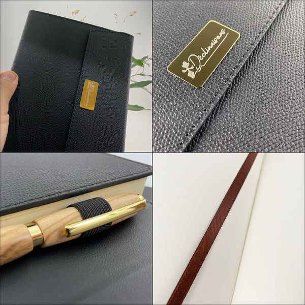 Coffret cadeau : Carnet A5 + Stylo bois Précieux et Résine Noire. Personnalisation possible.