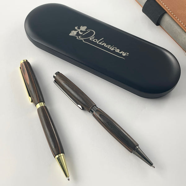 Set of 2 ebony pens from Mozambique, handcrafted in France. Luxury gift box.