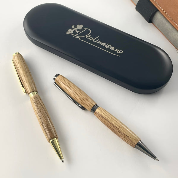 Set of 2 French Oak wooden pens, handcrafted in France. Personalized with engraving. Luxury gift box.