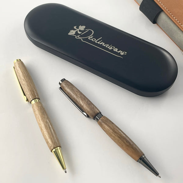 Set of 2 pens in Walnut wood from the Pyrenees, handcrafted in France. Personalized with engraving. Luxury gift box.