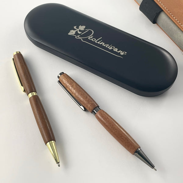 Set of 2 mahogany wood pens, handcrafted in France. Personalized with engraving. Luxury gift box.