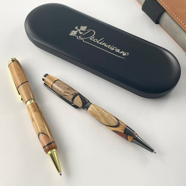 Set of 2 pens in precious wood and black resin, handcrafted in France. Personalized with engraving. Luxury gift box.