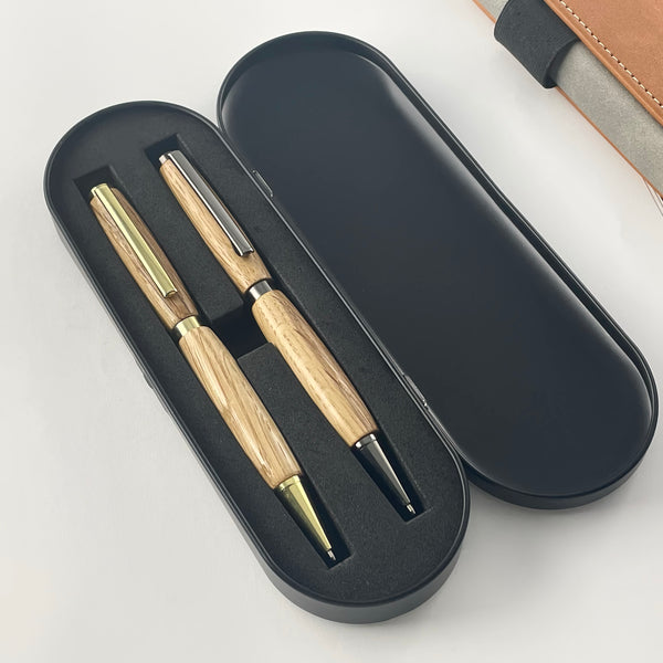 Set of 2 French Oak wooden pens, handcrafted in France. Personalized with engraving. Luxury gift box.