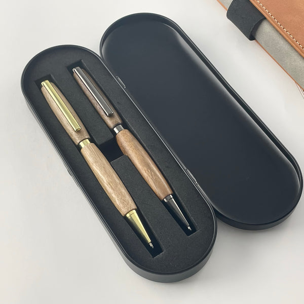 Set of 2 pens in Walnut wood from the Pyrenees, handcrafted in France. Personalized with engraving. Luxury gift box.