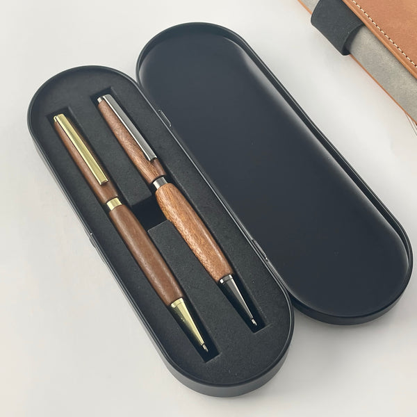 Set of 2 mahogany wood pens, handcrafted in France. Personalized with engraving. Luxury gift box.