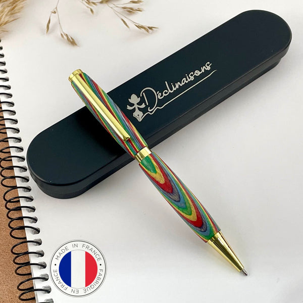 Stylo Bille Bois Arc en Ciel, Rainbow. Personnalisé avec gravure. Livré avec boîte cadeau métal.
