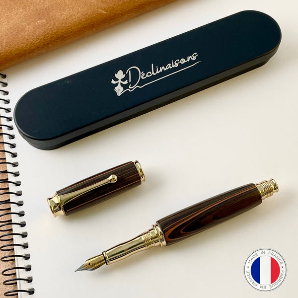 Stylo Plume Premium Bois Ebène de Macassar. Personnalisé avec gravure. Livré avec boîte cadeau métal.