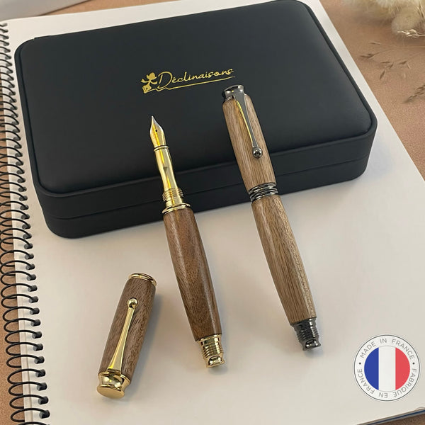 Parure 2 Stylos Premium Bois Noyer des Pyrénées. Personnalisé avec gravure. Livré avec boîte cadeau luxe.