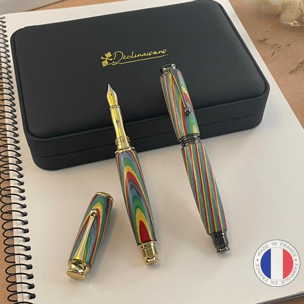Parure 2 Stylos Premium Bois Arc En Ciel, Rainbow. Personnalisé avec gravure. Livré avec boîte cadeau luxe.