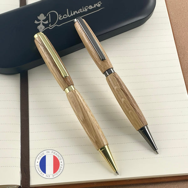 Set of 2 French Oak wooden pens, handcrafted in France. Personalized with engraving. Luxury gift box.