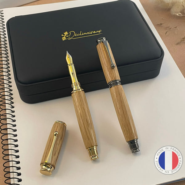 Parure 2 Stylos Premium Bois Chêne de France. Personnalisé avec gravure. Livré avec boîte cadeau luxe.