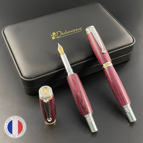 Parure 2 Stylos Luxe Bois Amarante, avec éléments plaqué Or 24k et Cristal. Personnalisé et livré avec boîte cadeau luxe.
