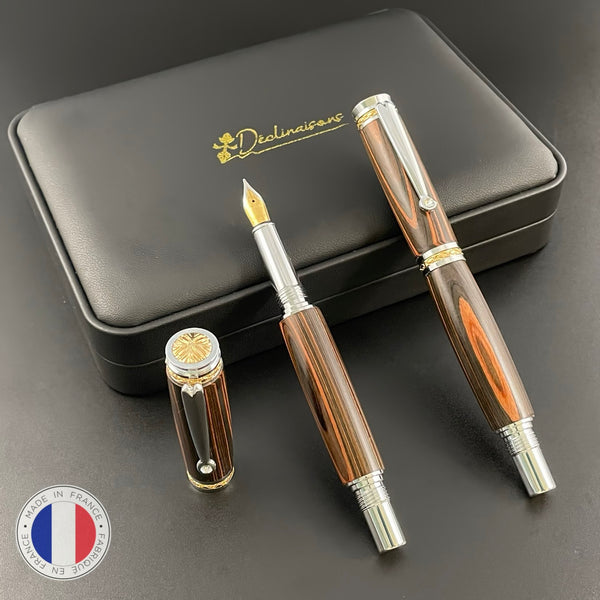 Parure 2 Stylos Luxe Bois Ebène Noir de Macassar, avec éléments plaqué Or 24k et Cristal. Personnalisé et livré avec boîte cadeau luxe.
