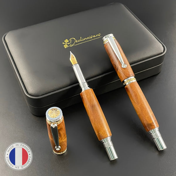 Parure 2 Stylos Luxe Bois Loupe Thuya du Maroc, avec éléments plaqué Or 24k et Cristal. Personnalisé et livré avec boîte cadeau luxe.