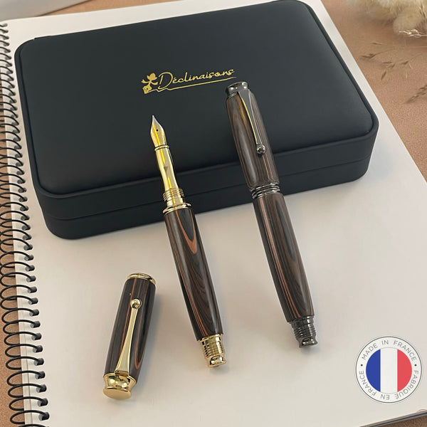 Parure 2 Stylos Premium Bois Ebène de Macassar. Personnalisé avec gravure. Livré avec boîte cadeau luxe.