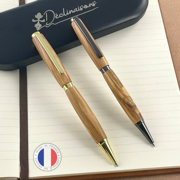 Juego de 2 bolígrafos de madera de olivo hechos a mano en Francia. Personalizado con grabado. Caja de regalo de lujo.