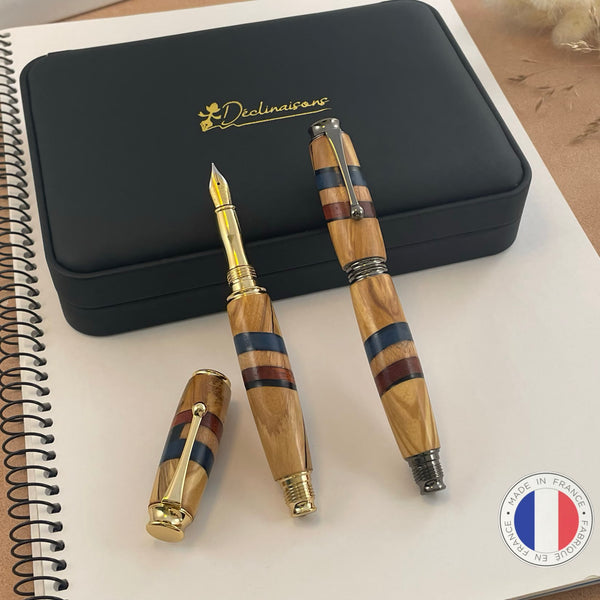 Parure 2 Stylos Premium Bois Tricolore Drapeau Français. Personnalisé avec gravure. Livré avec boîte cadeau luxe.