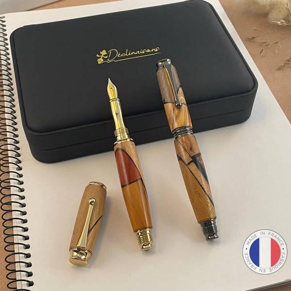 Parure 2 Stylos Premium Bois Précieux et Résine Noire. Personnalisé avec gravure. Livré avec boîte cadeau luxe.