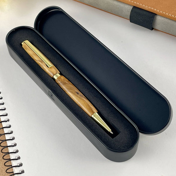 Stylo olivier doré dans sa boite cadeau métal. Stylos Déclinaisons