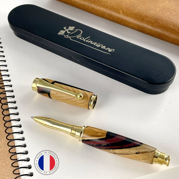 Stylo roller en bois précieux et résine noire. Fabriqué main en France. Stylos Déclinaisons.