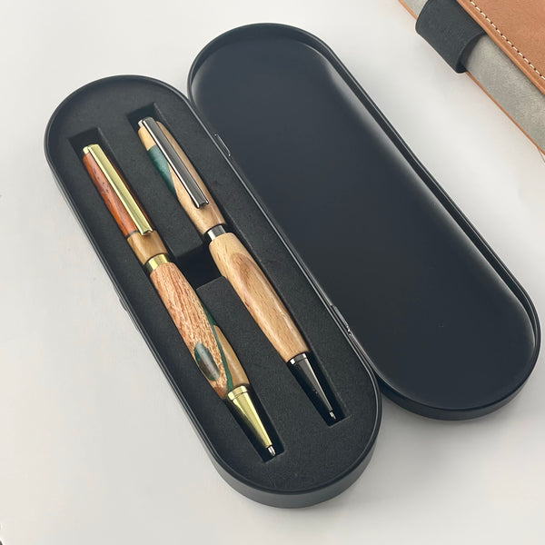 Set of 2 pens in precious wood and green resin, handcrafted in France. Personalized with engraving. Luxury gift box.