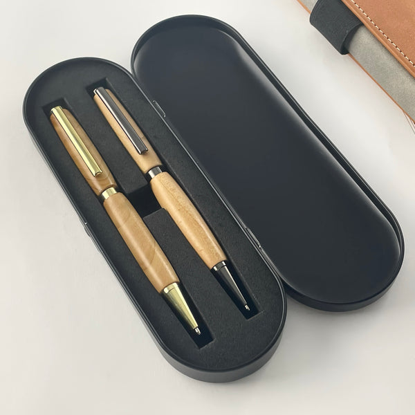 Set of 2 French Cedar wood pens, handcrafted in France. Personalized with engraving. Luxury gift box.