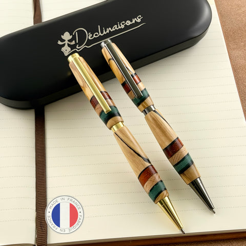 Parure 2 Stylos Bois Tricolore Drapeau Italien. Personnalisé avec gravure. Livré avec boîte cadeau métal.