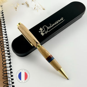Stylo Bille PARIS - Chêne de France – Bleu Rouge & Tour Eiffel. Personnalisé avec gravure. Livré avec boîte cadeau métal.