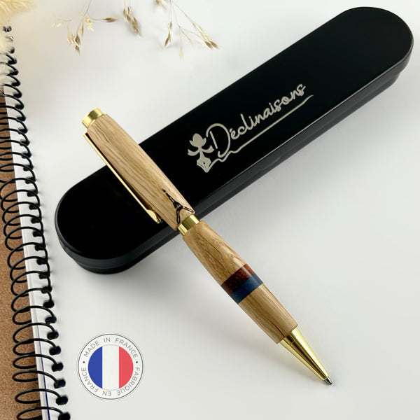 Stylo Bille PARIS - Chêne de France – Bleu Rouge & Tour Eiffel. Personnalisé avec gravure. Livré avec boîte cadeau métal.