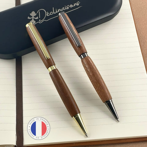 Set of 2 mahogany wood pens, handcrafted in France. Personalized with engraving. Luxury gift box.