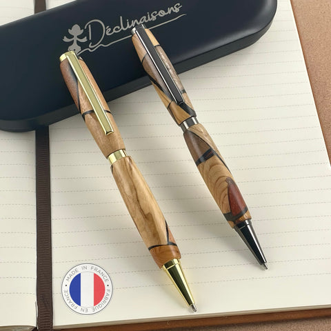 Set of 2 pens in precious wood and black resin, handcrafted in France. Personalized with engraving. Luxury gift box.