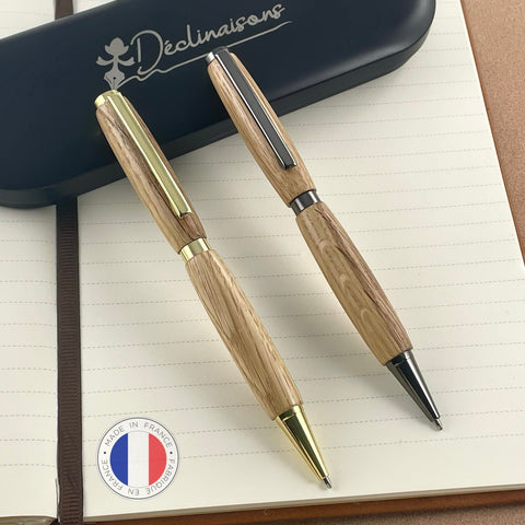 Juego de 2 bolígrafos de madera de roble francés, hechos a mano en Francia. Personalizado con grabado. Caja de regalo de lujo.