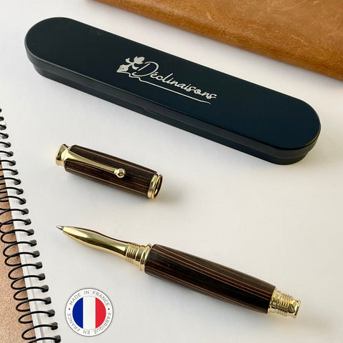 Ebony wood roller pen from Mozambique. Handmade in France. Gift box included.